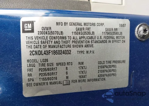 2008 Chevrolet Equinox Lt из США, поврежденный, VIN 2CNDL43F186024032